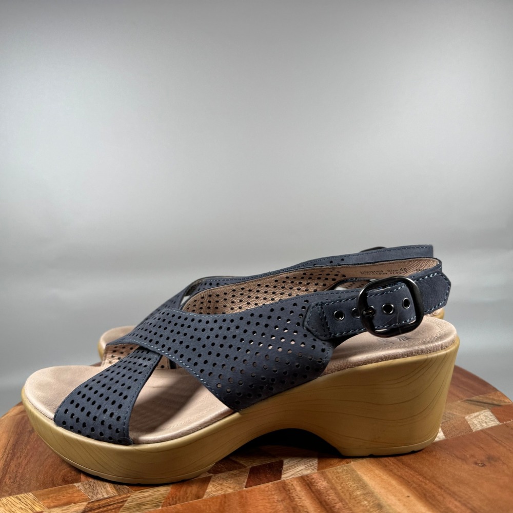 Dansko Womens Blue Perforated Leather Wedge Sandals Size 40 Buckle Strap Comfort - Picture 3 of 6